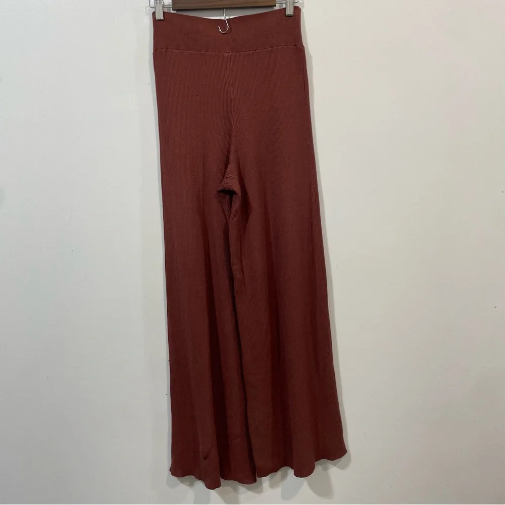 Free People Wide Leg Ribbed Knit Texture Pull On Lounge Terracotta Pants Size M